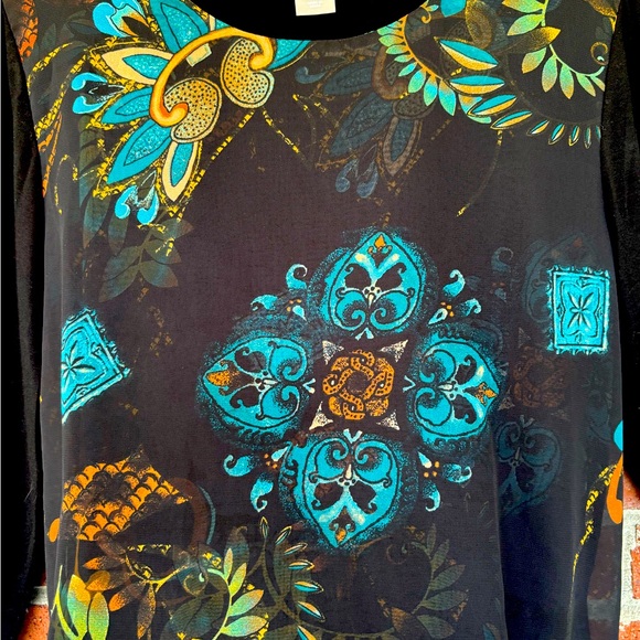 Vintage Black Chico’s women’s colorful Boho chiffon blouse sz 1 sm 8 whimsigoth - Picture 3 of 4